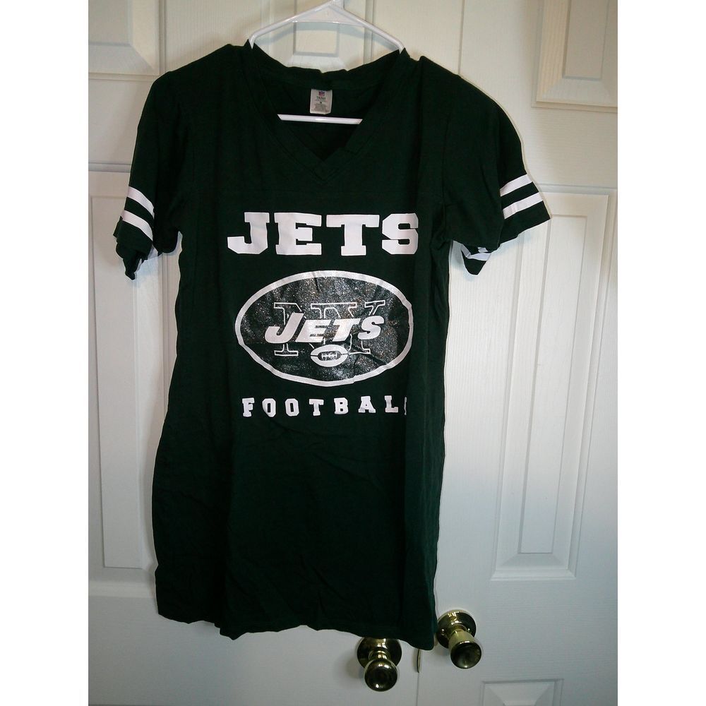 NFL‎ New York Jets Football T-Shirt with Team Logo and Striped Sleeves